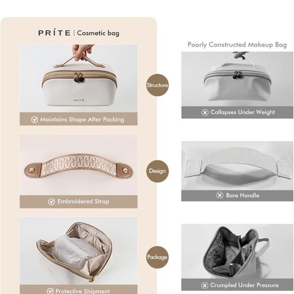 Makeup Bag for Women Travel Waterproof Vegan Leather Cosmetic Bag Open Flat Toil - Picture 5 of 15